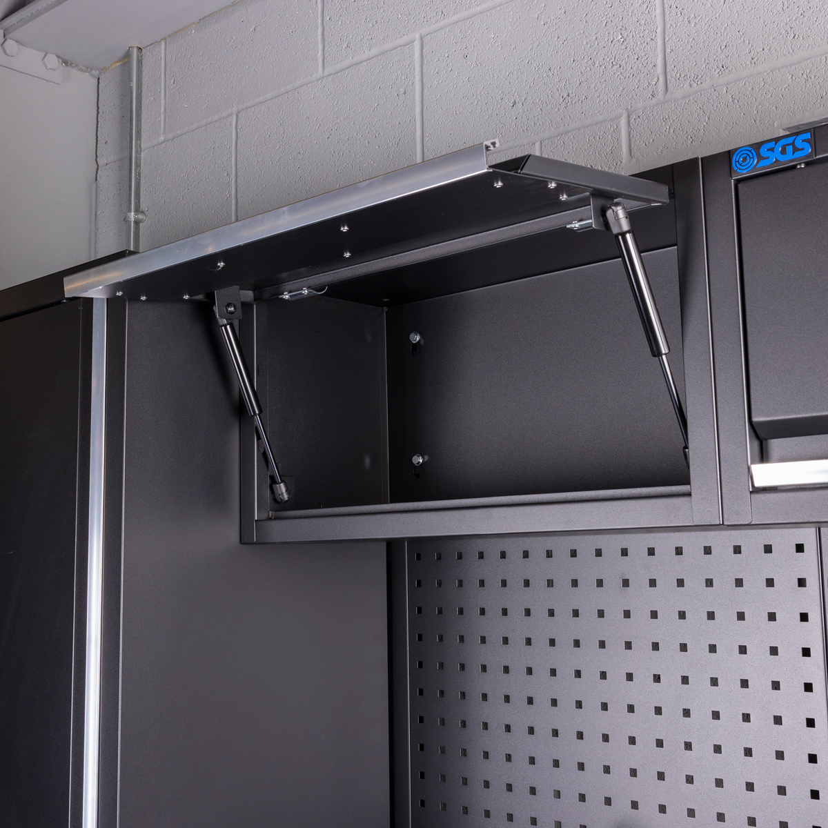 SGS 9pc Modular Garage Storage | 11 Drawers | Stainless Steel Triple Worktop | 3x Lift‑Up Wall Cabinets